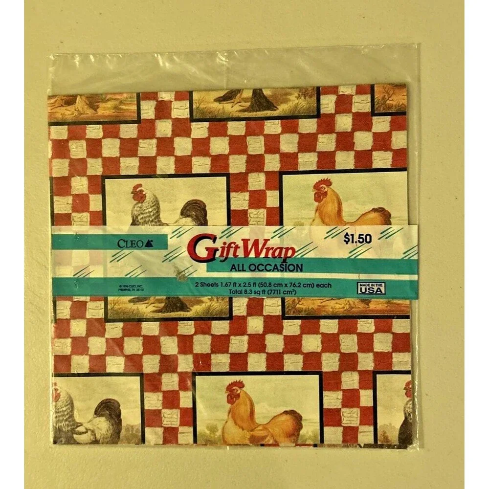 Vintage Cleo Chicken Rooster Check Wrapping Paper 1996